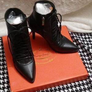 New Black Leather Lace-Up Ankle Boots